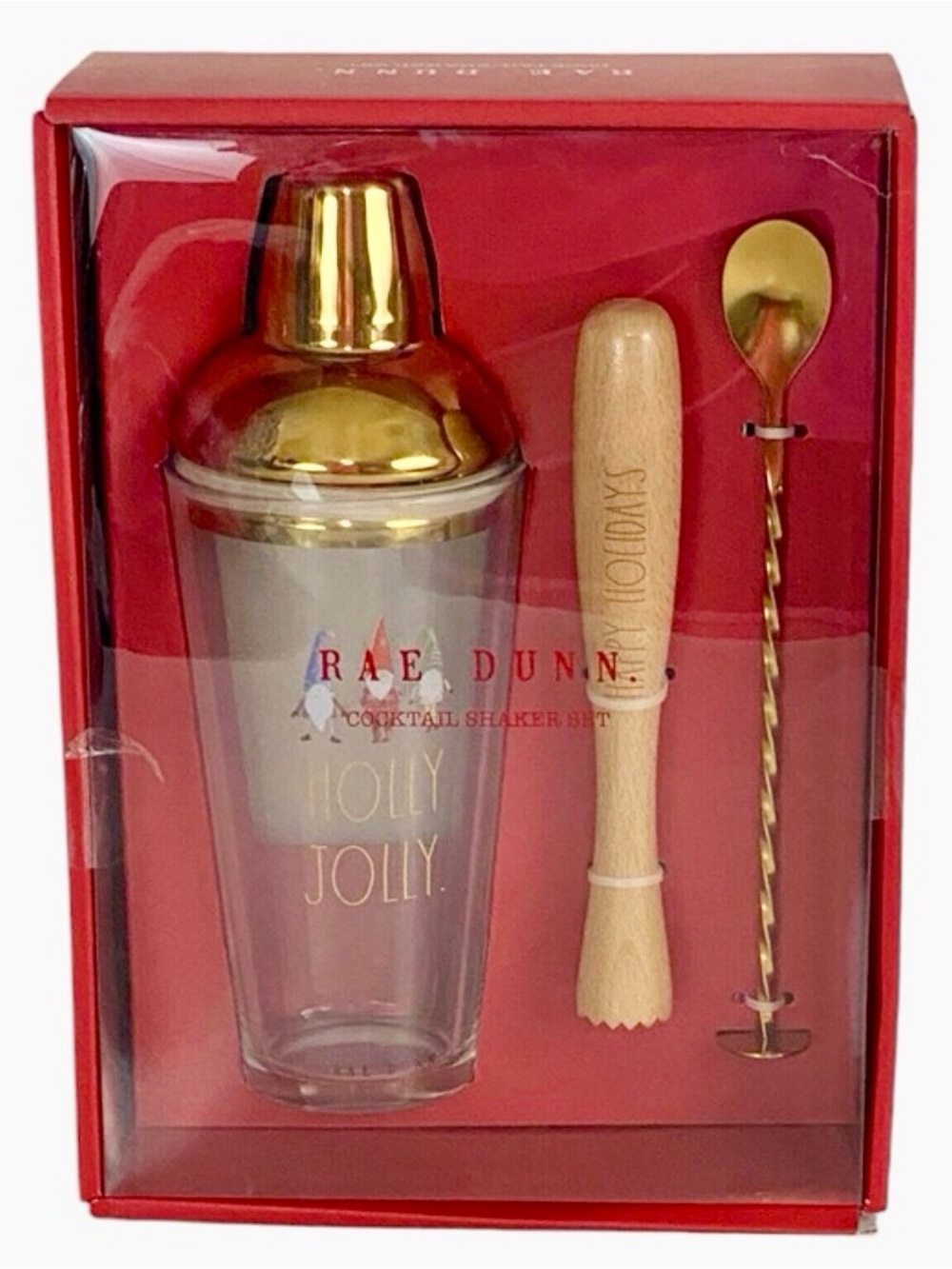 Rae Dunn "Holly Jolly" Holiday Gnome Cocktail Shaker Set Barware kit NWT